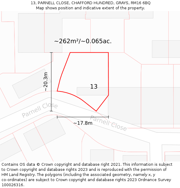 13, PARNELL CLOSE, CHAFFORD HUNDRED, GRAYS, RM16 6BQ: Plot and title map