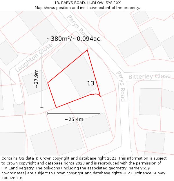 13, PARYS ROAD, LUDLOW, SY8 1XX: Plot and title map