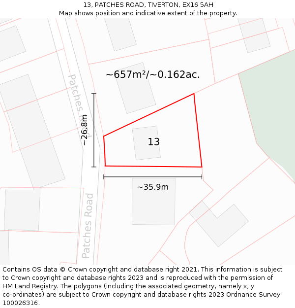 13, PATCHES ROAD, TIVERTON, EX16 5AH: Plot and title map