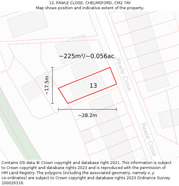 13, PAWLE CLOSE, CHELMSFORD, CM2 7AY: Plot and title map