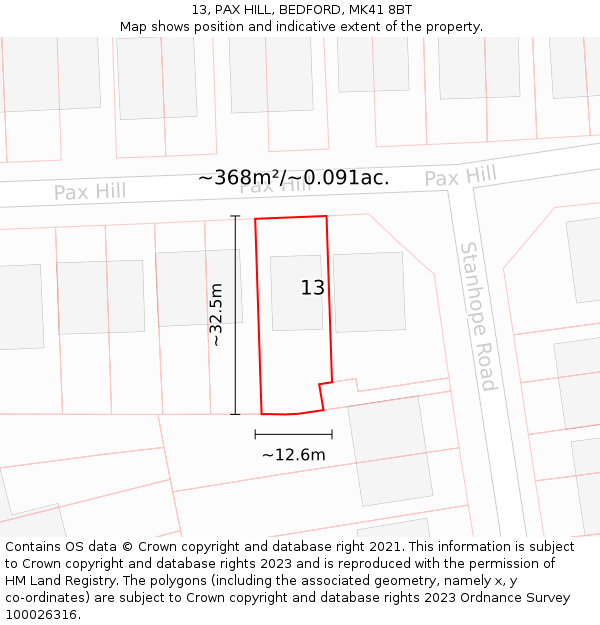 13, PAX HILL, BEDFORD, MK41 8BT: Plot and title map