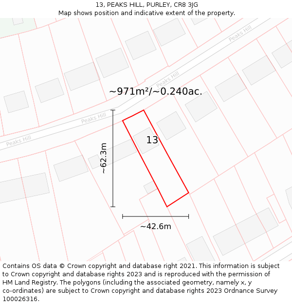 13, PEAKS HILL, PURLEY, CR8 3JG: Plot and title map