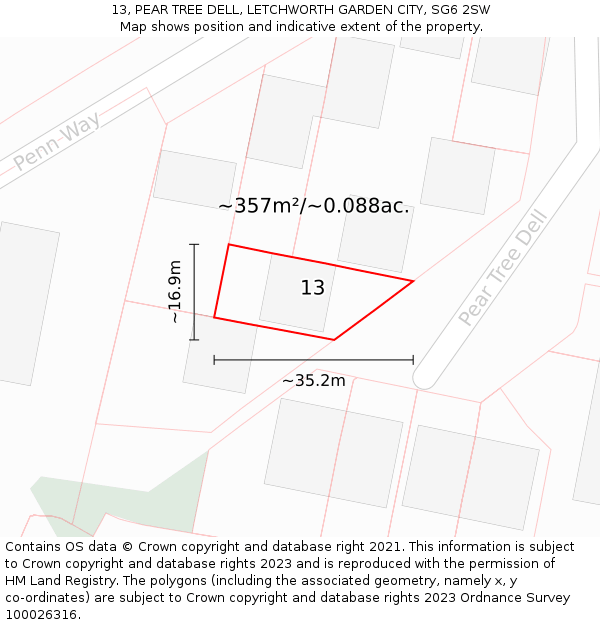 13, PEAR TREE DELL, LETCHWORTH GARDEN CITY, SG6 2SW: Plot and title map