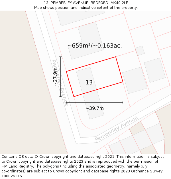 13, PEMBERLEY AVENUE, BEDFORD, MK40 2LE: Plot and title map