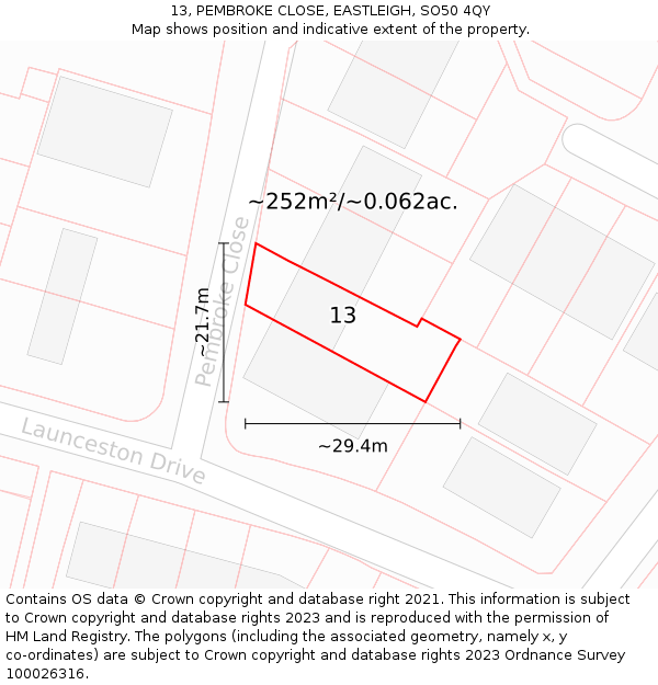 13, PEMBROKE CLOSE, EASTLEIGH, SO50 4QY: Plot and title map