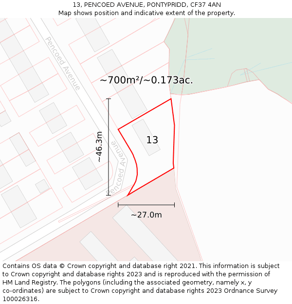 13, PENCOED AVENUE, PONTYPRIDD, CF37 4AN: Plot and title map