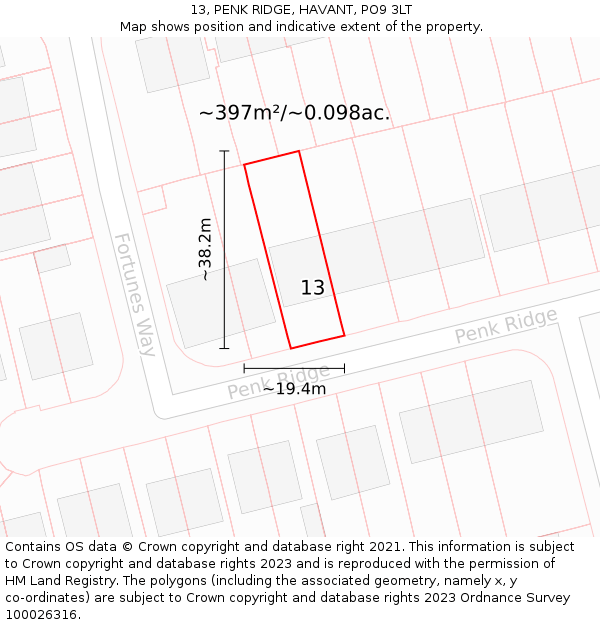 13, PENK RIDGE, HAVANT, PO9 3LT: Plot and title map