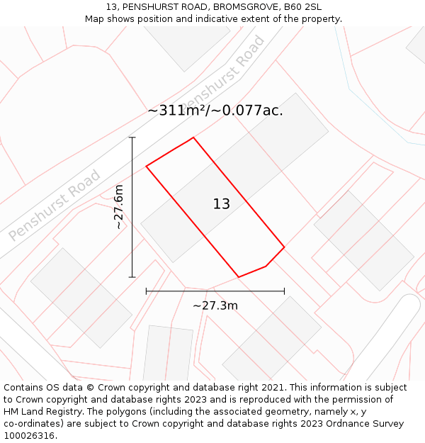 13, PENSHURST ROAD, BROMSGROVE, B60 2SL: Plot and title map