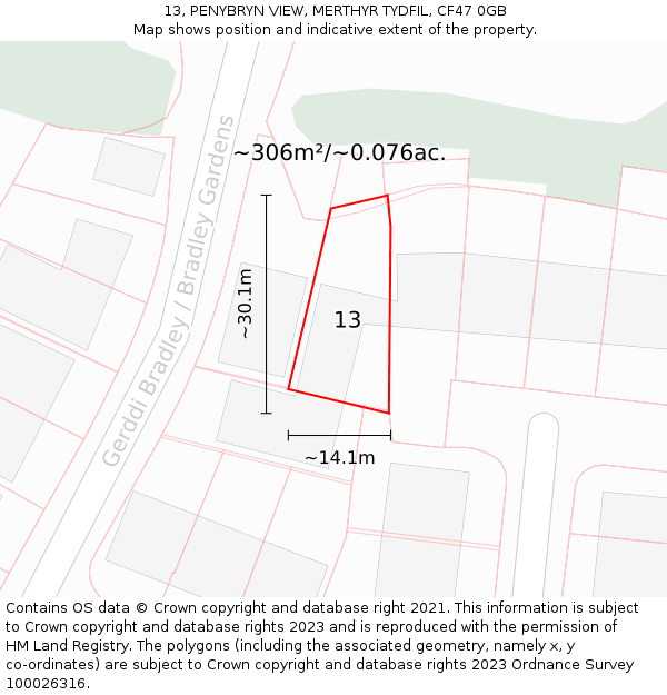 13, PENYBRYN VIEW, MERTHYR TYDFIL, CF47 0GB: Plot and title map