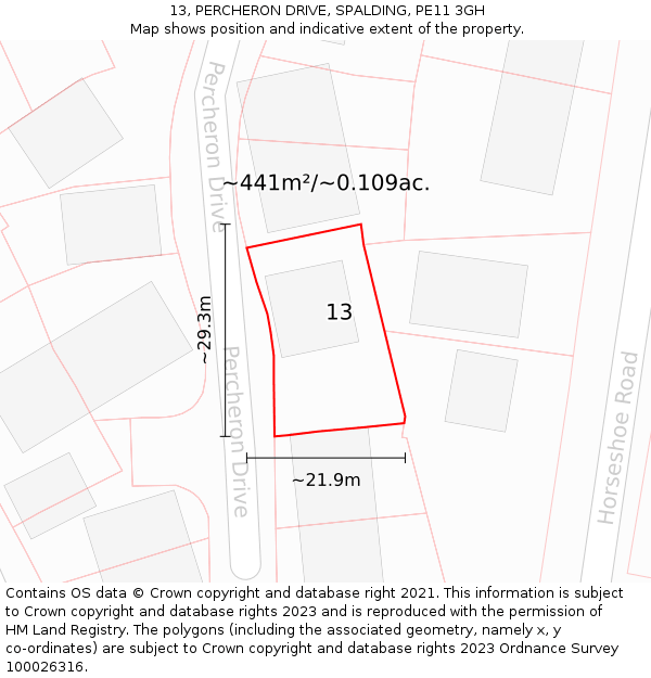 13, PERCHERON DRIVE, SPALDING, PE11 3GH: Plot and title map