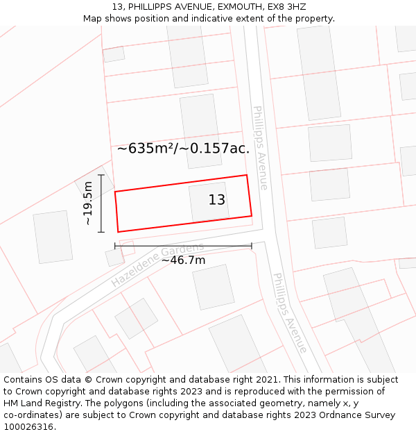 13, PHILLIPPS AVENUE, EXMOUTH, EX8 3HZ: Plot and title map