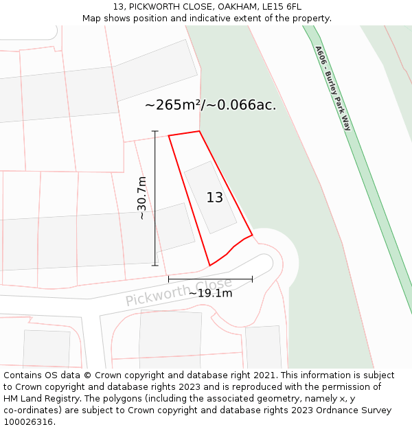 13, PICKWORTH CLOSE, OAKHAM, LE15 6FL: Plot and title map