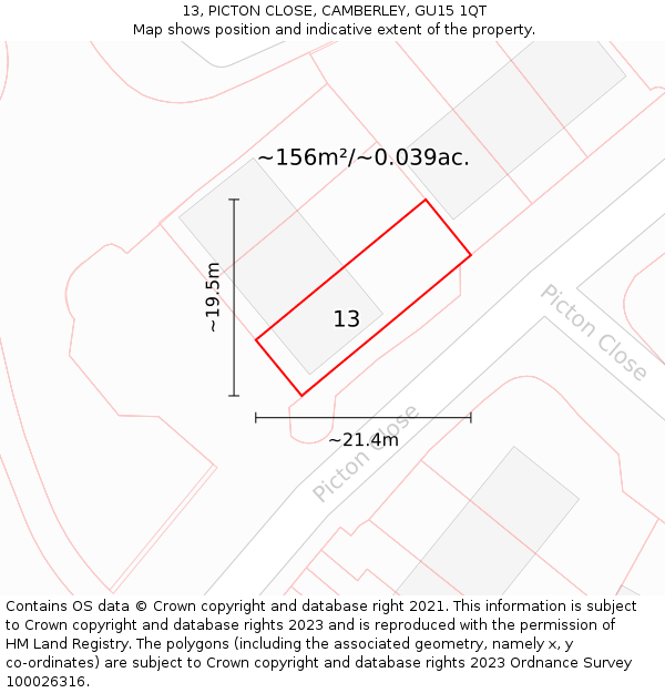 13, PICTON CLOSE, CAMBERLEY, GU15 1QT: Plot and title map