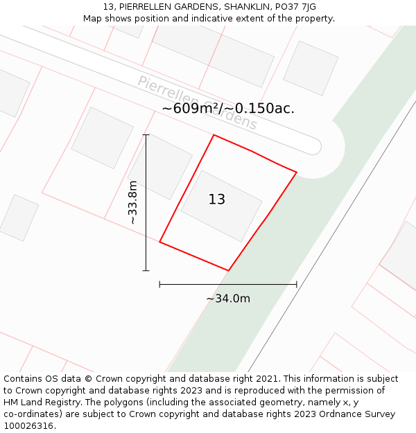 13, PIERRELLEN GARDENS, SHANKLIN, PO37 7JG: Plot and title map