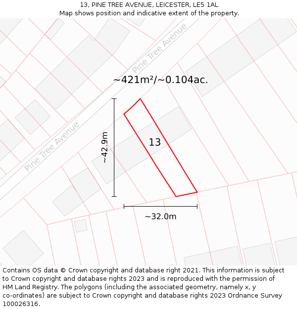 13, PINE TREE AVENUE, LEICESTER, LE5 1AL: Plot and title map