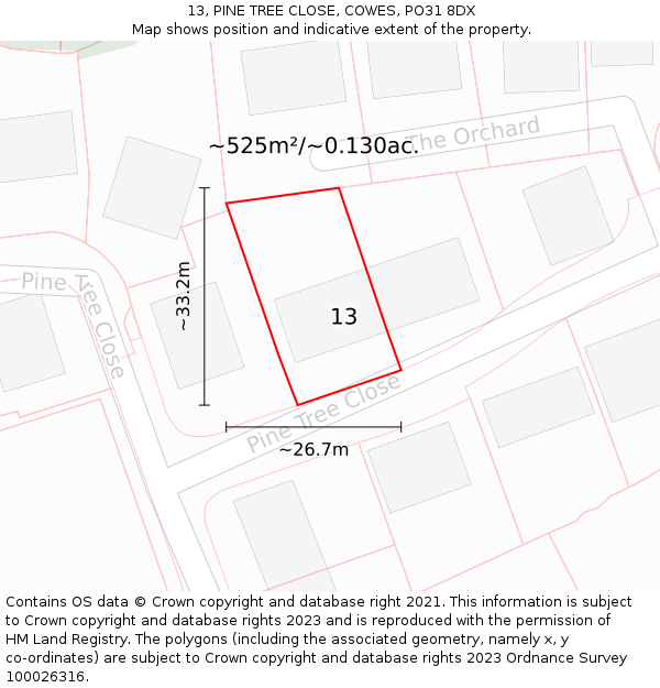 13, PINE TREE CLOSE, COWES, PO31 8DX: Plot and title map