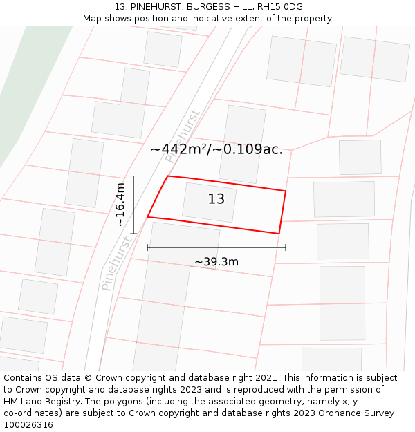 13, PINEHURST, BURGESS HILL, RH15 0DG: Plot and title map