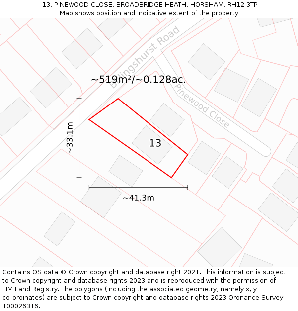 13, PINEWOOD CLOSE, BROADBRIDGE HEATH, HORSHAM, RH12 3TP: Plot and title map