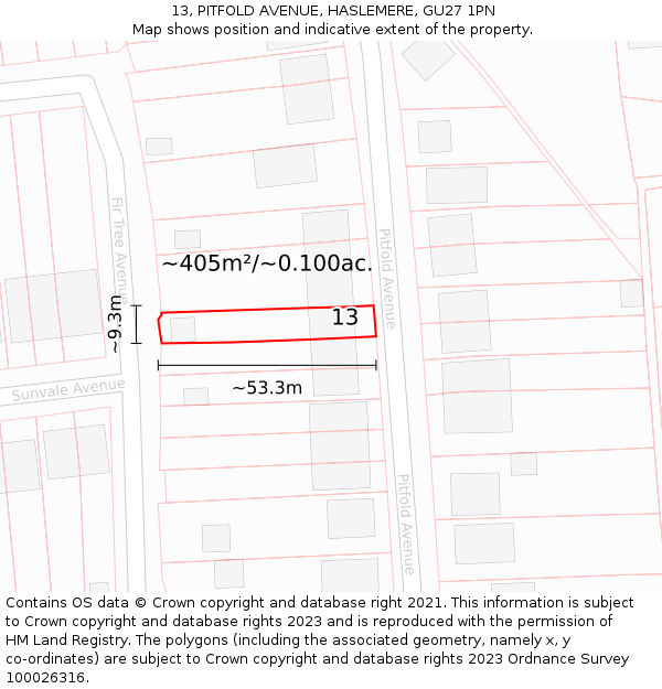 13, PITFOLD AVENUE, HASLEMERE, GU27 1PN: Plot and title map