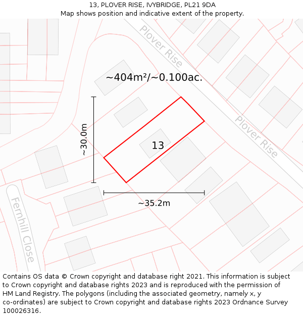 13, PLOVER RISE, IVYBRIDGE, PL21 9DA: Plot and title map