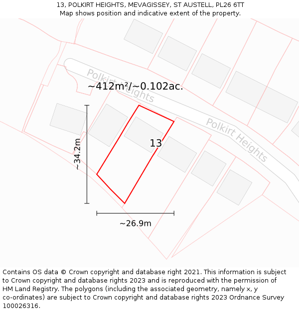 13, POLKIRT HEIGHTS, MEVAGISSEY, ST AUSTELL, PL26 6TT: Plot and title map