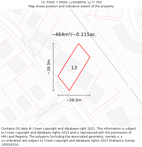 13, PONC Y FRON, LLANGEFNI, LL77 7NY: Plot and title map