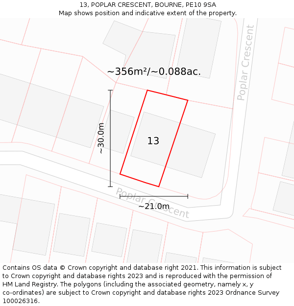 13, POPLAR CRESCENT, BOURNE, PE10 9SA: Plot and title map