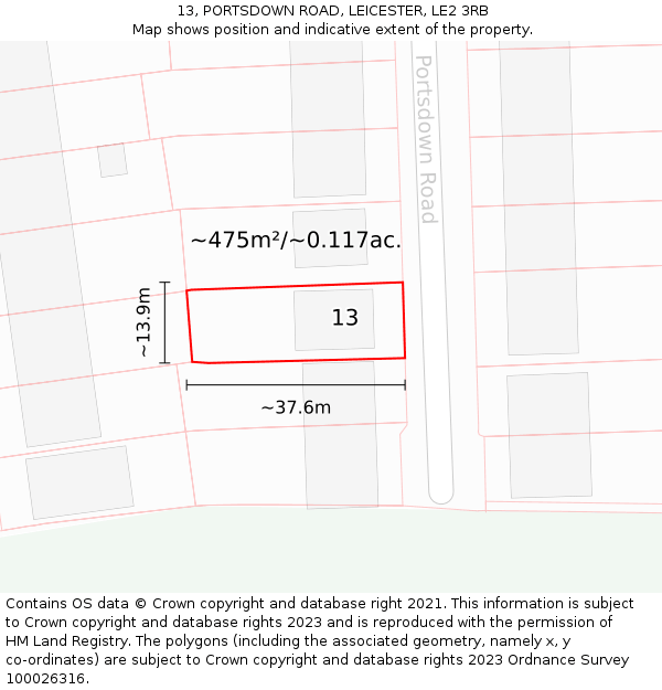 13, PORTSDOWN ROAD, LEICESTER, LE2 3RB: Plot and title map