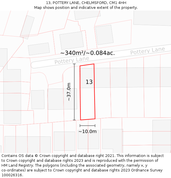 13, POTTERY LANE, CHELMSFORD, CM1 4HH: Plot and title map