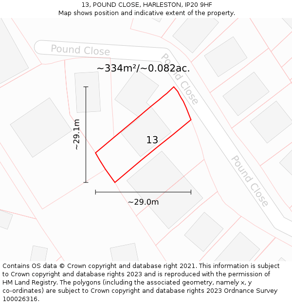 13, POUND CLOSE, HARLESTON, IP20 9HF: Plot and title map