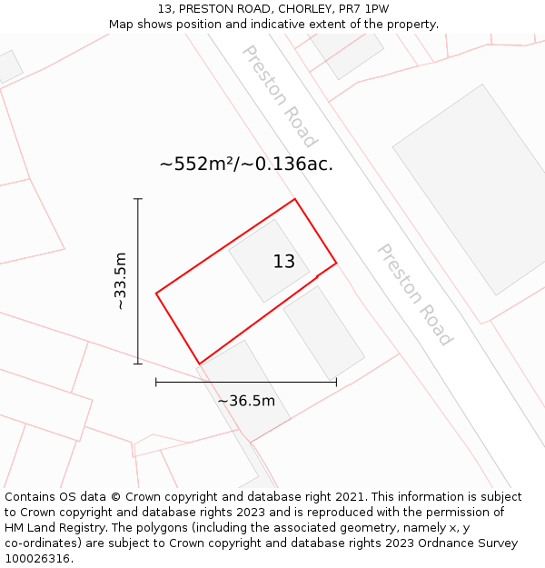 13, PRESTON ROAD, CHORLEY, PR7 1PW: Plot and title map