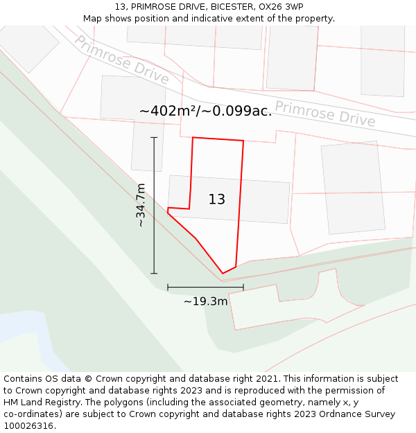 13, PRIMROSE DRIVE, BICESTER, OX26 3WP: Plot and title map