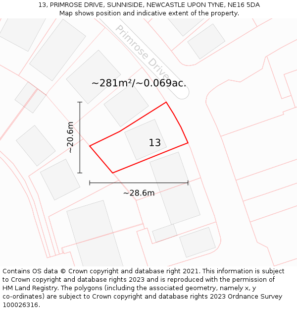 13, PRIMROSE DRIVE, SUNNISIDE, NEWCASTLE UPON TYNE, NE16 5DA: Plot and title map