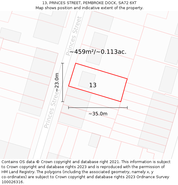 13, PRINCES STREET, PEMBROKE DOCK, SA72 6XT: Plot and title map