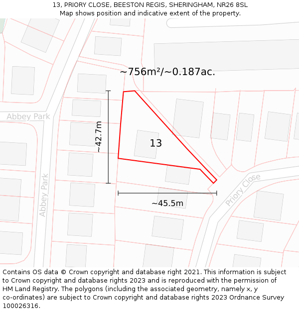 13, PRIORY CLOSE, BEESTON REGIS, SHERINGHAM, NR26 8SL: Plot and title map