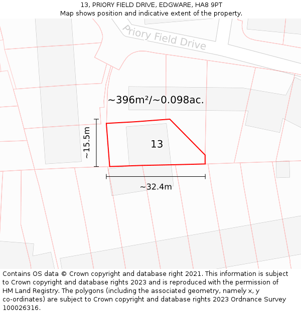 13, PRIORY FIELD DRIVE, EDGWARE, HA8 9PT: Plot and title map
