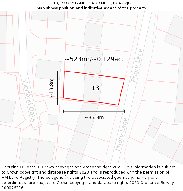 13, PRIORY LANE, BRACKNELL, RG42 2JU: Plot and title map