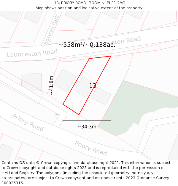 13, PRIORY ROAD, BODMIN, PL31 2AG: Plot and title map