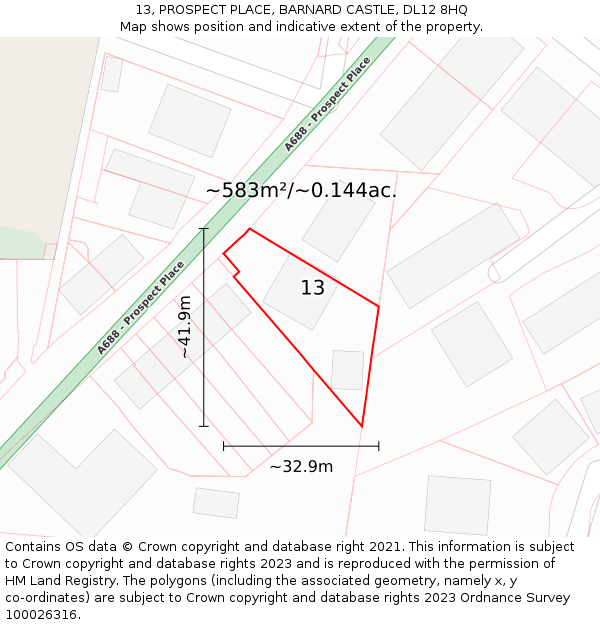 13, PROSPECT PLACE, BARNARD CASTLE, DL12 8HQ: Plot and title map