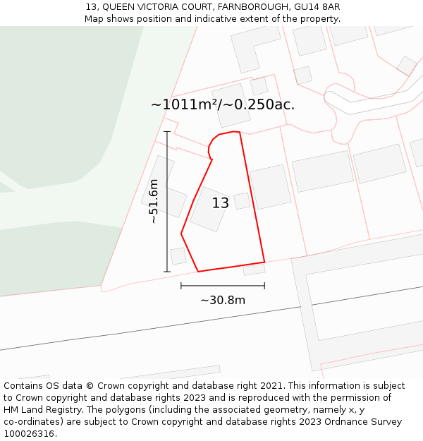 13, QUEEN VICTORIA COURT, FARNBOROUGH, GU14 8AR: Plot and title map