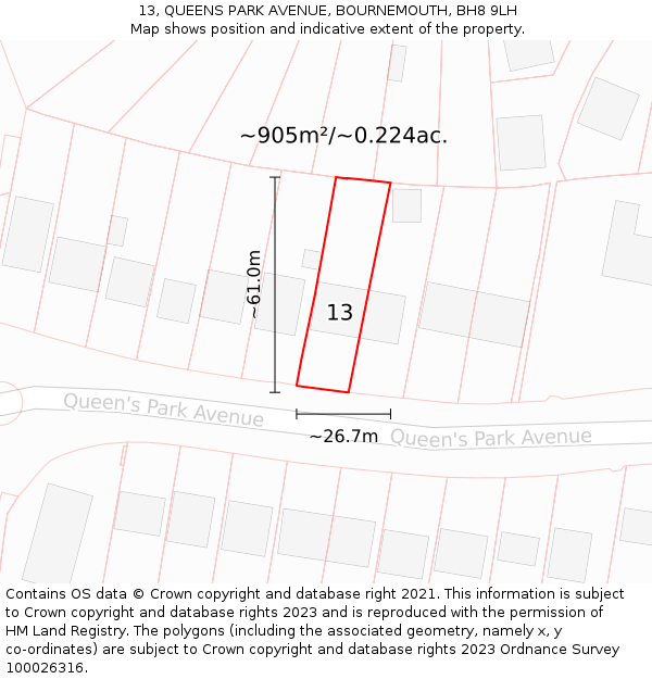 13, QUEENS PARK AVENUE, BOURNEMOUTH, BH8 9LH: Plot and title map