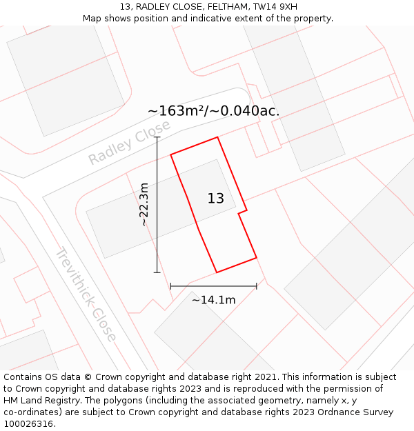 13, RADLEY CLOSE, FELTHAM, TW14 9XH: Plot and title map