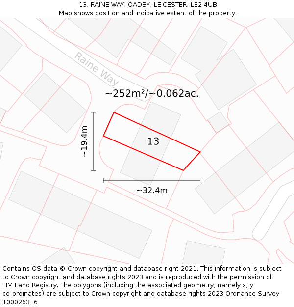 13, RAINE WAY, OADBY, LEICESTER, LE2 4UB: Plot and title map