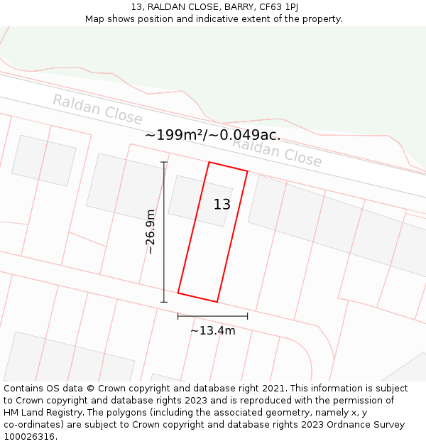 13, RALDAN CLOSE, BARRY, CF63 1PJ: Plot and title map