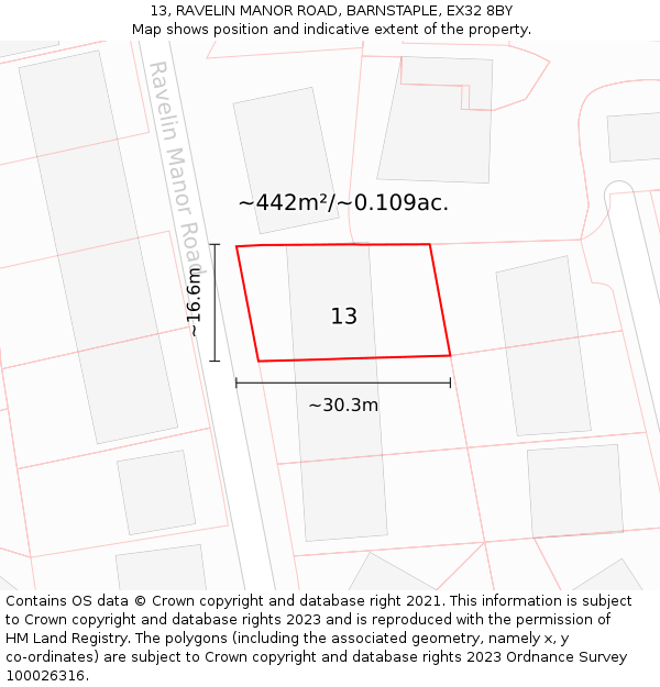 13, RAVELIN MANOR ROAD, BARNSTAPLE, EX32 8BY: Plot and title map