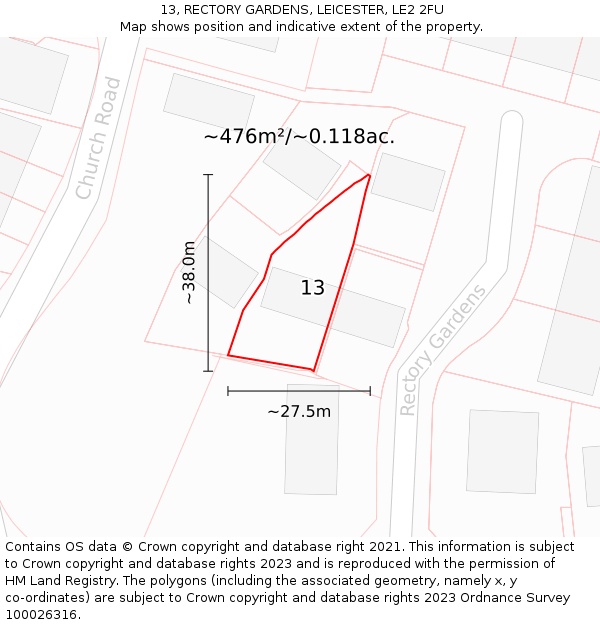 13, RECTORY GARDENS, LEICESTER, LE2 2FU: Plot and title map