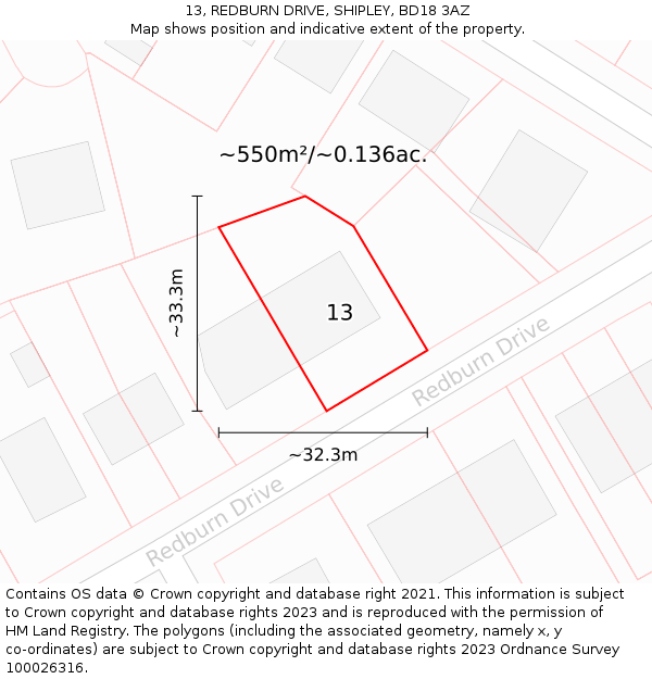 13, REDBURN DRIVE, SHIPLEY, BD18 3AZ: Plot and title map