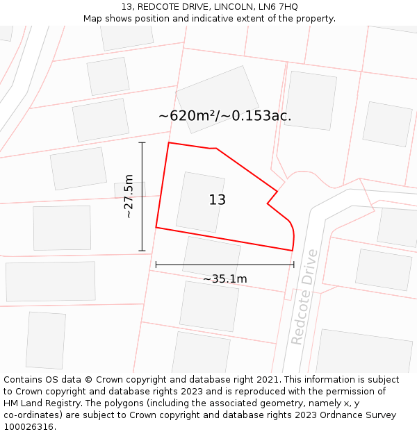 13, REDCOTE DRIVE, LINCOLN, LN6 7HQ: Plot and title map