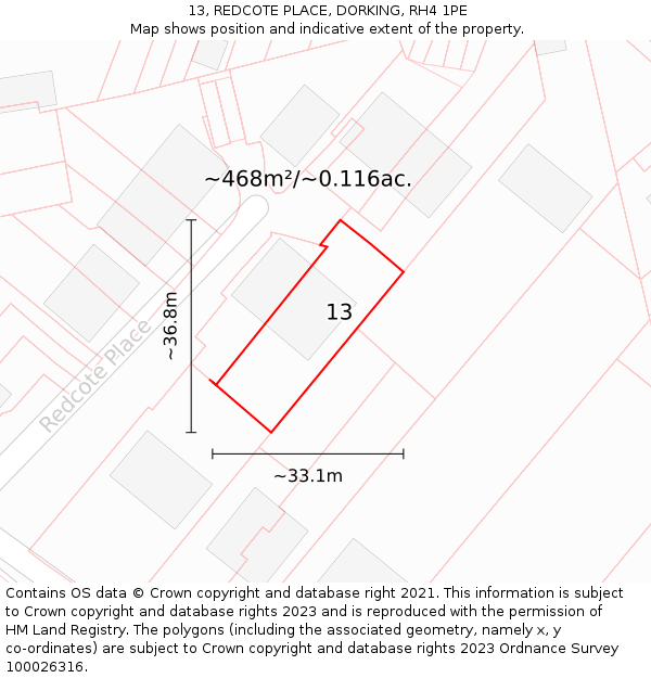 13, REDCOTE PLACE, DORKING, RH4 1PE: Plot and title map