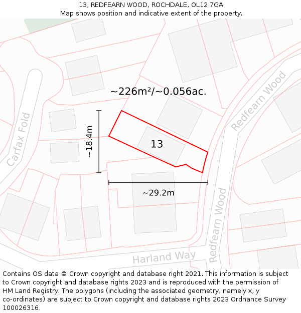 13, REDFEARN WOOD, ROCHDALE, OL12 7GA: Plot and title map